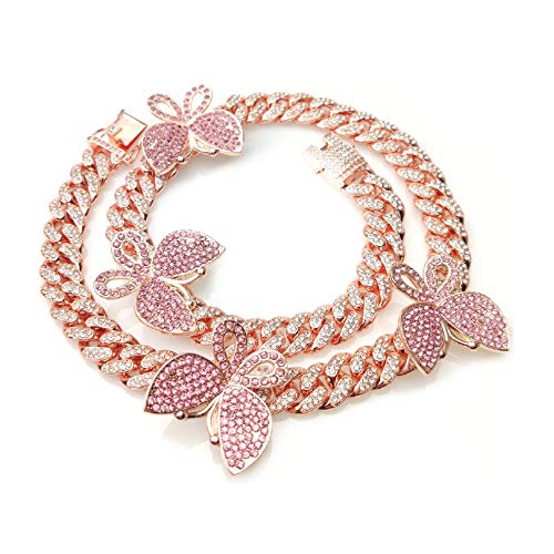 Punk Butterfly Cuban Chain Necklace Cubic Zircon Exaggerated Iced Out Bling Chain Link Necklace Hip Hop Rock Luxury Jewelry for Women Men-Rose Gold