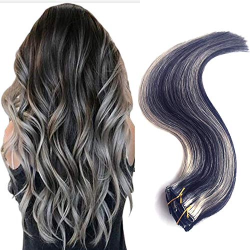 Clip in Hair Extensions Human Hair Natural Black with Bleach Blonde Highlights1/613 Clip on Balayage Ombre Hair Extensions 15 inch 7 PCS Full Head Silky Straight Long Fine Hair 70g Remy Hair