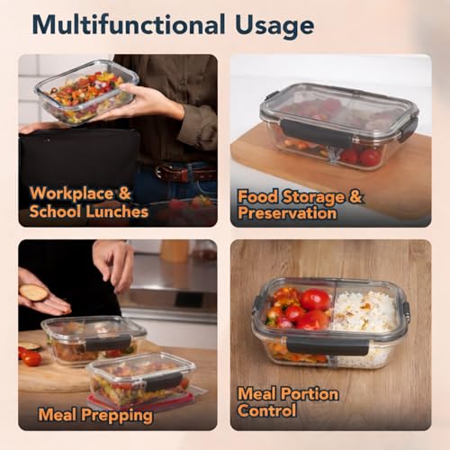 Image of Glass Lunch Box with 2 Compartments | Leakproof Borosilicate Glass Lunch Container with Airtight Lid | BPA Free Tiffin Box for Office, School & Travel (980ml)