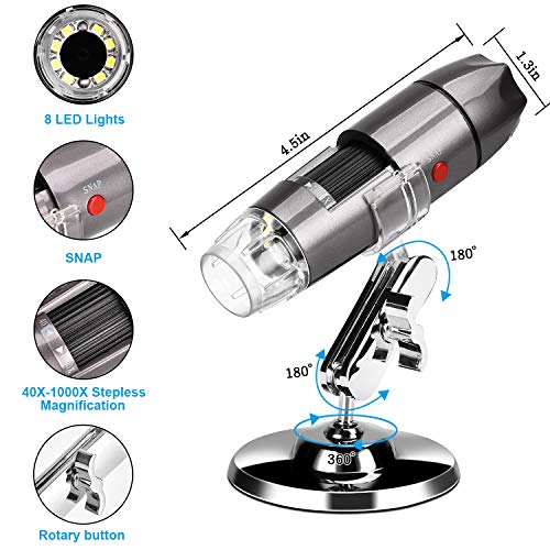 Image of USB Digital Microscope 40X-1000X Handheld Mini Microscope Camera Compatible with Window 7 8 10 Android for Students Engineers Biology Lovers Microbiological Observation, Gray