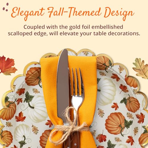 Image of Confettiville Thanksgiving Paper Plates, 50-Count Disposable Thanksgiving Dinner Plates, Scalloped, Party Supplies, Pumpkins, Pale Yellow