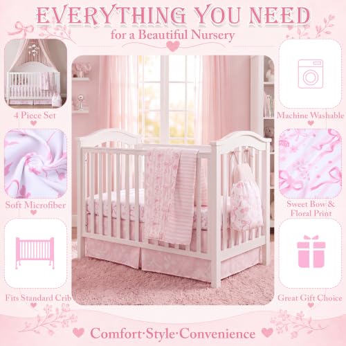 Image of Hahafelt 4 Pieces Crib Bedding Set for Girls and Boys, Pink Bow