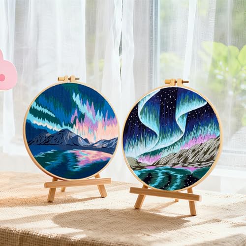 Image of Aurora Borealis Embroidery Starter Kits for Beginners Adults, Stamped Cross Stitch Kit for Adult Beginner, Hand Embroidery Needlepoint Kit, 2 Set Embroidery Supplies, 2 Hoops (Attached Video Tutorial)