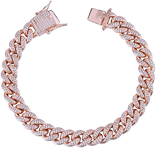 Apzzic 12mm Iced Out Cuban Link Chain Gold Plated Bracelet Hip Hop Bling Full CZ Lab Diamond Miami Bangle Bracelet for Women Men Rose Gold 8Inch