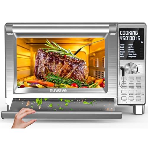 Nuwave Bravo XL Pro Air Fryer Toaster Oven, Improved 100% Super Convection, Quicker & Crispier Results, 100 Presets, Multi-Layer Even Cooking, 50-500F, Smart Probe, PFAS Free, 30QT, Stainless Steel