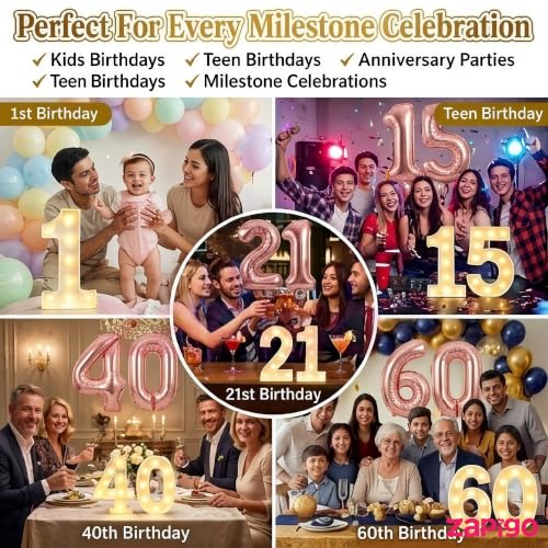 Image of Balloonistics Rose Gold 40-Inch Foil Number 60 Balloon with Matching LED Marquee Light - Combo Set for 60th Birthday, Anniversary, Party Decoration, Photo Booth Backdrop