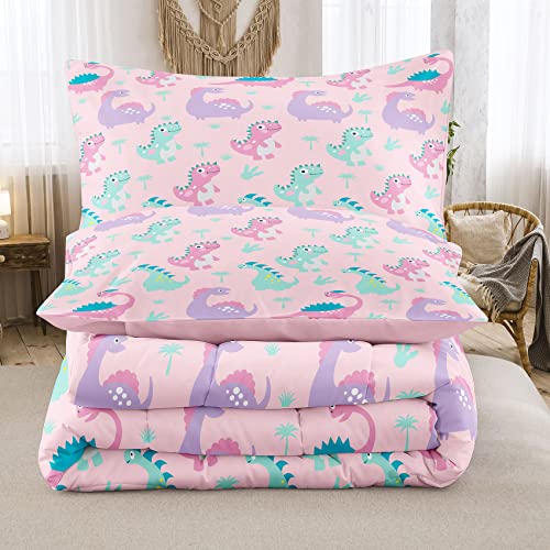 Ninenine Girls Pink Dinosaur Bedding Twin Comforter Set For Boys Kids Toddler Bedding Cute Cartoon Colorful Little Dino Comforter Set With 1 Comforter 1 Pillowcase #TOP2