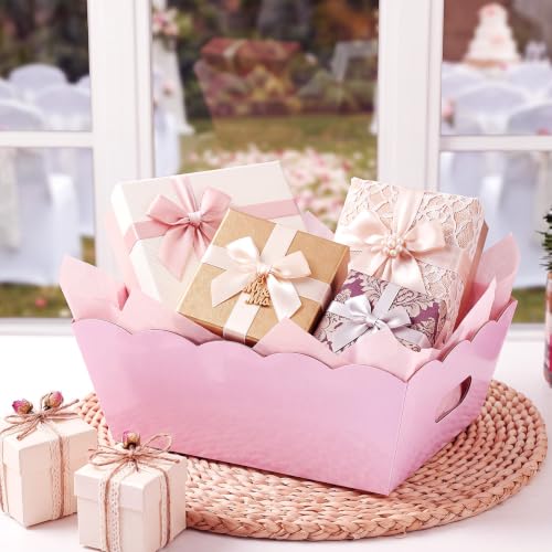 Image of Fuyoooo 8 Pack Pink Basket for Gifts Empty to Fill, 10 inch x 8 inch Thick Sturdy Kraft Scalloped Edge Gift Basket with Handle, 8 Wrap Bag 8 Bow 16 Tissue Paper for Christmas Wedding Birthday Wrapping Gift