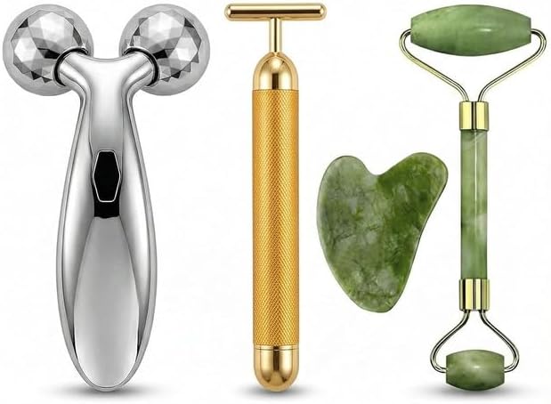 3 In 1 Face Massager Kit 3D Roller T-Shape Electric Vibrating Beauty Bar Jade Roller Gua Sha Skin Tightening Anti-Aging Lifting Glow Facial Tool Set For Women Men