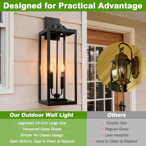 Image of FILIYANO Large 24 Inch Outdoor Wall Light Fixtures, Black, 2-Pack | IP65 Waterproof, Anti Rust, Hardwired, Tempered Glass, E12, 2-light, Modern, Exterior, Porch, Garage and Front Door Lantern