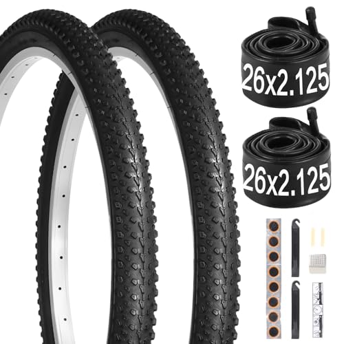 yeesport 26x2.125 Bicycle Tire Tube Set, 2-Pack 26 x 2.125 Bike Tires & 26x2.125 Bike Tubes AV 30mm Valve & Tire Replacement Set, 26 Inch Mountain Bike Tires for Hard Roads, Muddy Trails