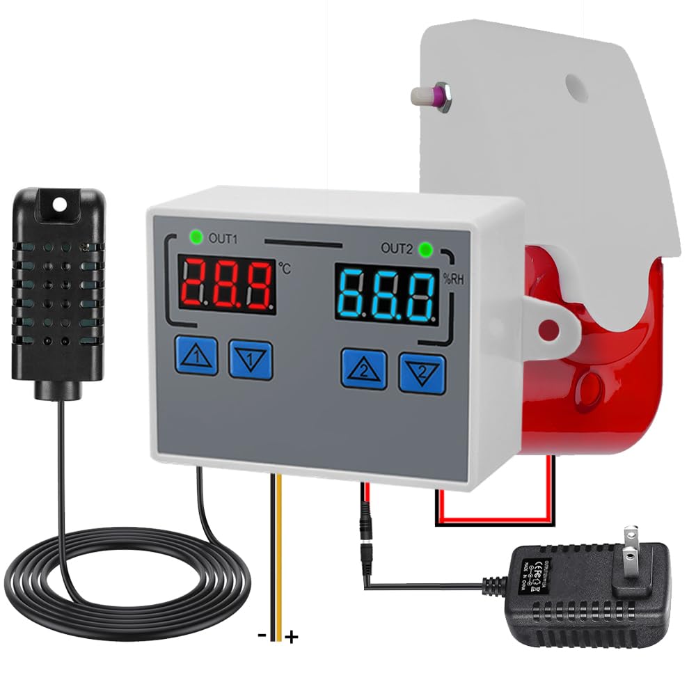 Hygrometer Thermometer, 12V High/Low Temperature and Humidity Monitor, 0~120dB Adjustable Audible/Visual Thermostat Controller with External Output Option for House/Terrarium/Greenhouse/Humidor/Cellar