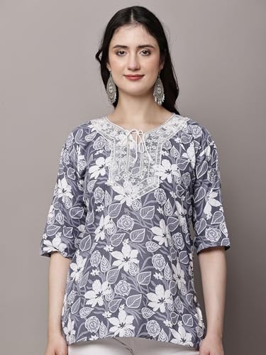 Image of Women's Red Printed Short Kurti with Lace Trim, 3 /4 Sleeves, Round Neck, Ethnic Style