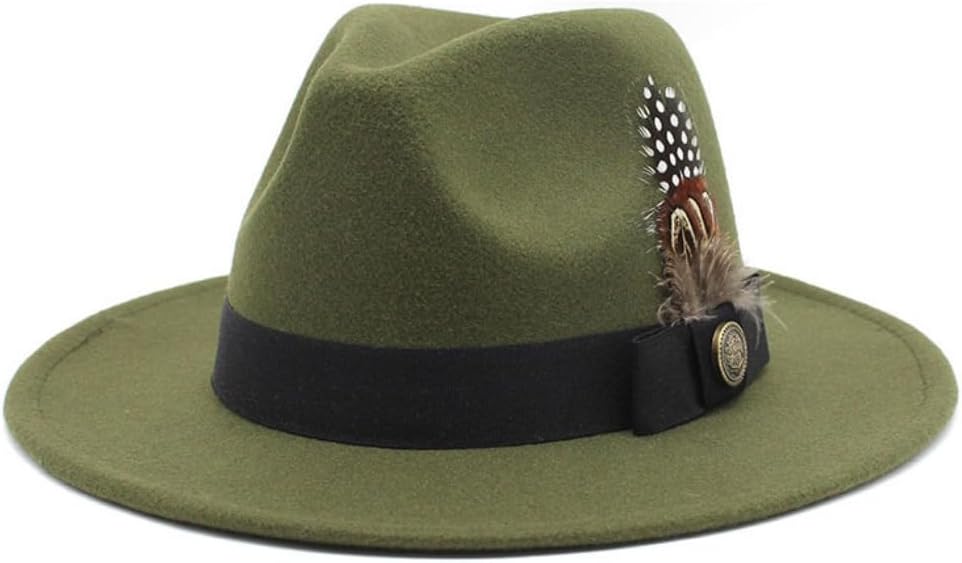 Classic Felt Fedora Hat, 2-Inch Wide Brim, 5-Inch Crown Height, Beige with Black Band and Feather