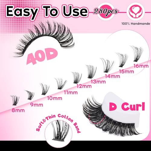 Image of FANXITON Lash Clusters 280 Pcs Wispy Lash Clusters D 8-16 MM Mix Natural Eyelash Clusters 40D Individual Eyelash DIY Lash Extensions at Home(40D)