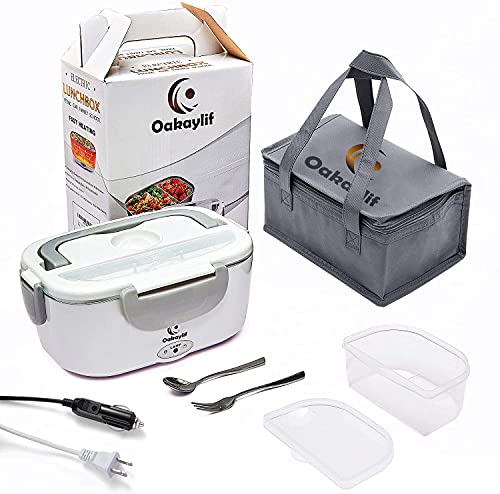 Electric Lunch Box Food Warmer,Oakaylif 2 IN 1 Portable Heated Lunch Boxes for Truck Home Office 110V&12V with 2 Compartments,1.5L 304 Stainless Steel Container,SS Fork & Spoon and Insulation Bag