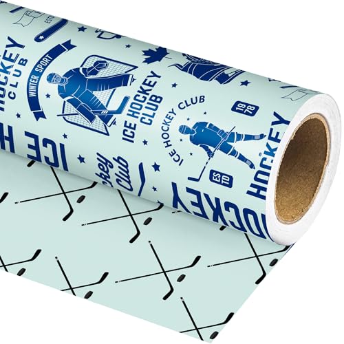 Dtiafu Reversible Ice Hockey Wrapping Paper Roll Blue Hockey Sports Gift Wrap Sheets for Girls Boys Men Women Birthday Holiday Party - Total 28.5sq.ft