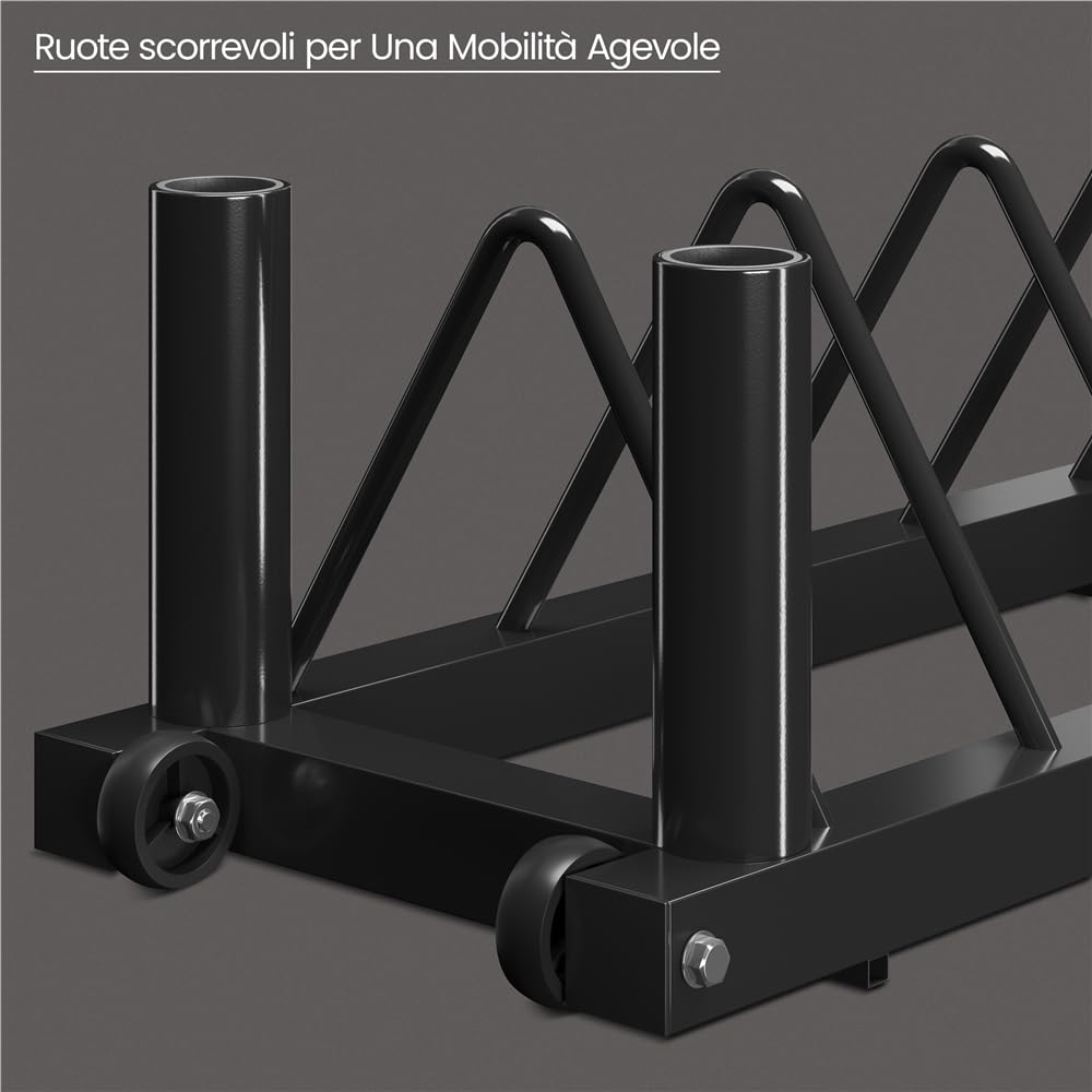 Yaheetech Supporto per Manubrio Rack di immagazzinaggio Mobile per Pesi Dischi Barre di Sollevamento con Maniglia di Trasporto e Ruote 4 Scomparti Fitness Gym Nero