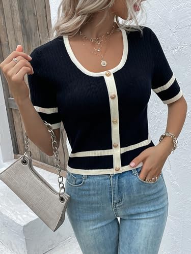 Milumia Women's Striped Button Up Cropped Short Sleeve Knit Tops3