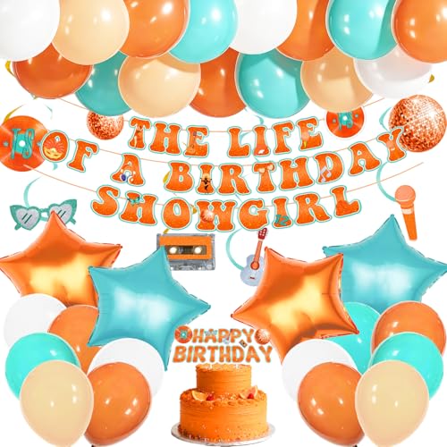 The Life of a Showgirl Party Decorations Teal and Orange Music Themed Birthday Decorations for Women with Orange Showgirl Birthday Banner Hanging Swirls Star Foil Balloons and a Cake Topper