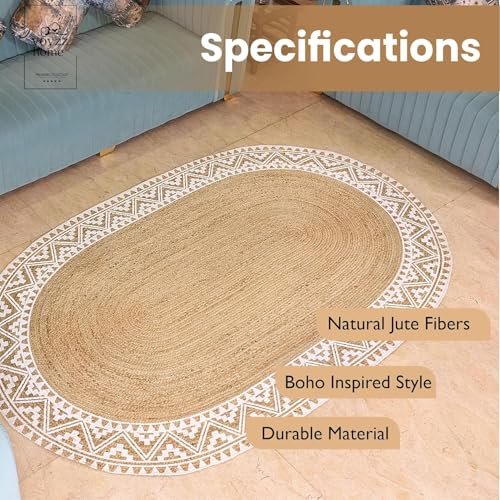 Image of voyzz home 5X8 Feet-Oval, Premium Natural Jute Braided Area Rug, White Printed Border & Backing, Stain Resistance, Natural Brown, Handmade Rug for Entryways, Living Room, Dining Room,Bedroom,Farmhouse