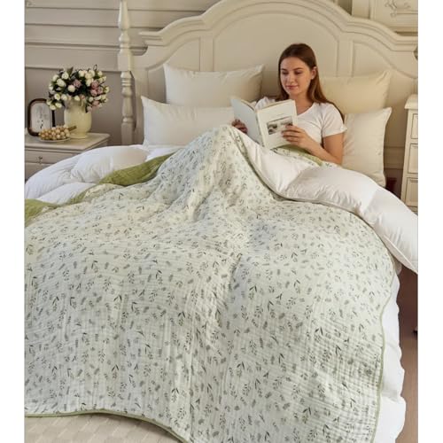 Image of Muslin Throw Blanket 100% Cotton 6-Layer Gauze Floral Pattern Cooling Blanket Lightweight Soft Breathable Quilt for All Season Both Sides for Sofa Couch (Leaves Green, Throw 50 inchx60 inch)