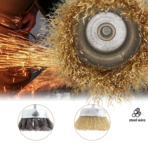 Image of 2PCS Cup Wire Wheel Brush Set, 3 Inch Carbon Steel Knotted Cup Brush and Brass Coated Crimped Wire Drill Brush Set, 1 /4 Inch Shank Brush Kit Rotary Buffing Brush Wheel, Rust Removal Tool Set