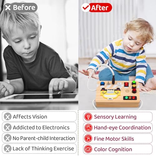 Image of Montessori Busy Board Wooden Sensory Toys with LED Light Up Switch Travel Toys for 1+ Year Old Toddler Baby Boys Girls Gifts (Taxi Busy Board)