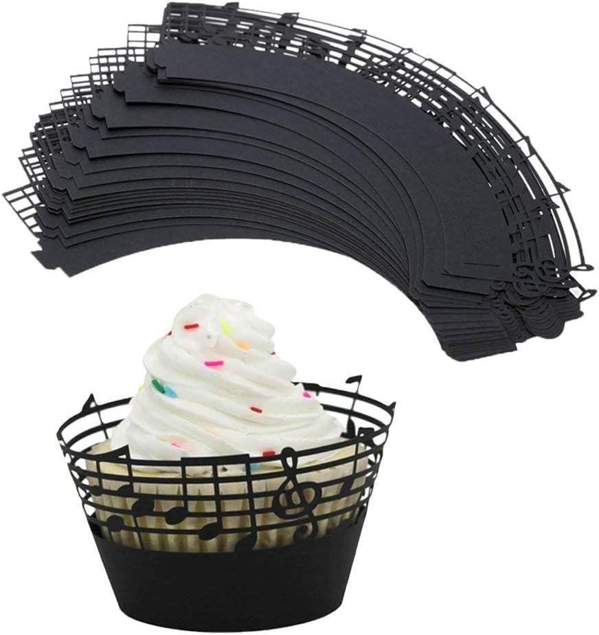Miniatura 7 de 50 piezas de papel para cupcakes, símbolos musicales, notas musicales, decoración de pasteles de cumpleaños, herramienta de suministro (negro)