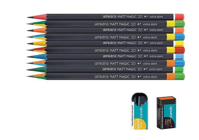 Image of Apsara Matt Magic Pencils | Premium Black Hexagonal Body for Strong Grip & Good Handwriting | Free Sharpener & Eraser | Non-Toxic | Pack of 20