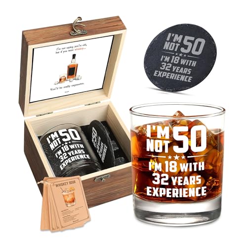 Harmora 50th Birthday Gifts for Men – Funny Whiskey Glass Set for Him Born in 1976 – 50 Year Old Gift Ideas for Dad, Husband, Friends – Wooden Box, Coaster, Cards