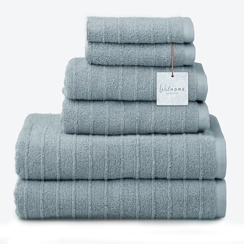 Welhome James 100% Cotton Towel Set of 6 - Textured Stripe Towels for Bathroom - 6 Piece Set of 2 Bath Towels 2 Hand Towels 2 Washcloths Soft & Absorbent Dusty Blue