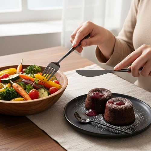Image of 24 Pcs Black Slim Handle Stainless Steel Cutlery Set for Dining Table with Spoons and Forks Set + Butterknives - The Perfect Tableware /Flatware