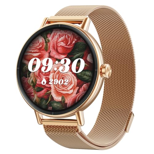 Smartwatch Damen Rund Metallarmband 1.27 Smart Watch mit Telefonfunktion Fitnessuhr mit SpO2 Herzfrequenz Stress Kalorien Schlaf Schrittzähler 100+ Sportmodi IP68 Wasserdicht Sportuhr für iOS Android
