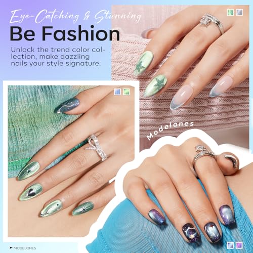 Image of modelones Cat Eye Gel Nail Polish Set, 6 Colors Aurora Galaxy Pearlescent 9D Cateye Glitter Gel Polish kit Blue Green Purple Mermaid Nail Polish with Magnet Soak Off LED Nail Art Starter Kit DIY Gift