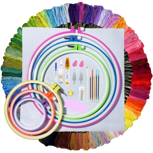ONESHAW Embroidery Kit 141 Pcs,100 Colors Threads,6 Pcs Embroidery Hoops,2 Pcs Aida Cloth,9 Sewing Pins,Cross Stitch Tools and Embroidery Starter Kit for Adults and Kids Beginners