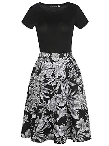 Image of oxiuly Women Casual Dress Round Neck Soft Cotton Floral A-Line Midi Summer Dresses with Pockets OX262