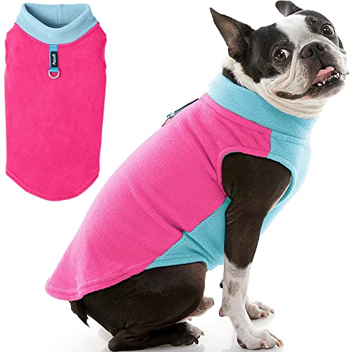 Image of Gooby Half Stretch Fleece Vest Dog Sweater, Pink, Medium | Soft warm fleece; Stretch fleece bottom; Two-tone colors; Back D-ring for short walks