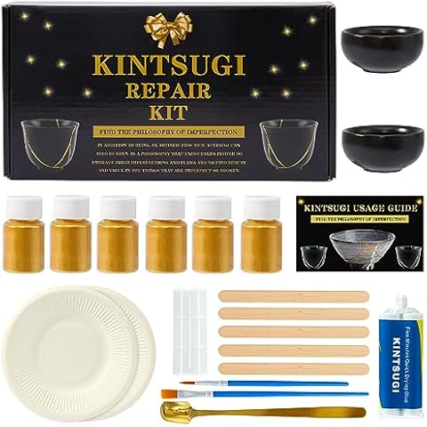 deuvuo Kintsugi Repair Kit Gold, 21 Pcs Authentic Kintsugi Repair Kit to Revive Your Broken Ceramic, Pottery, Mug, Bowl, Glass Keepsakes with Ease - Japanese Kintsugi Repair Kit Bio for Beginners Cover
