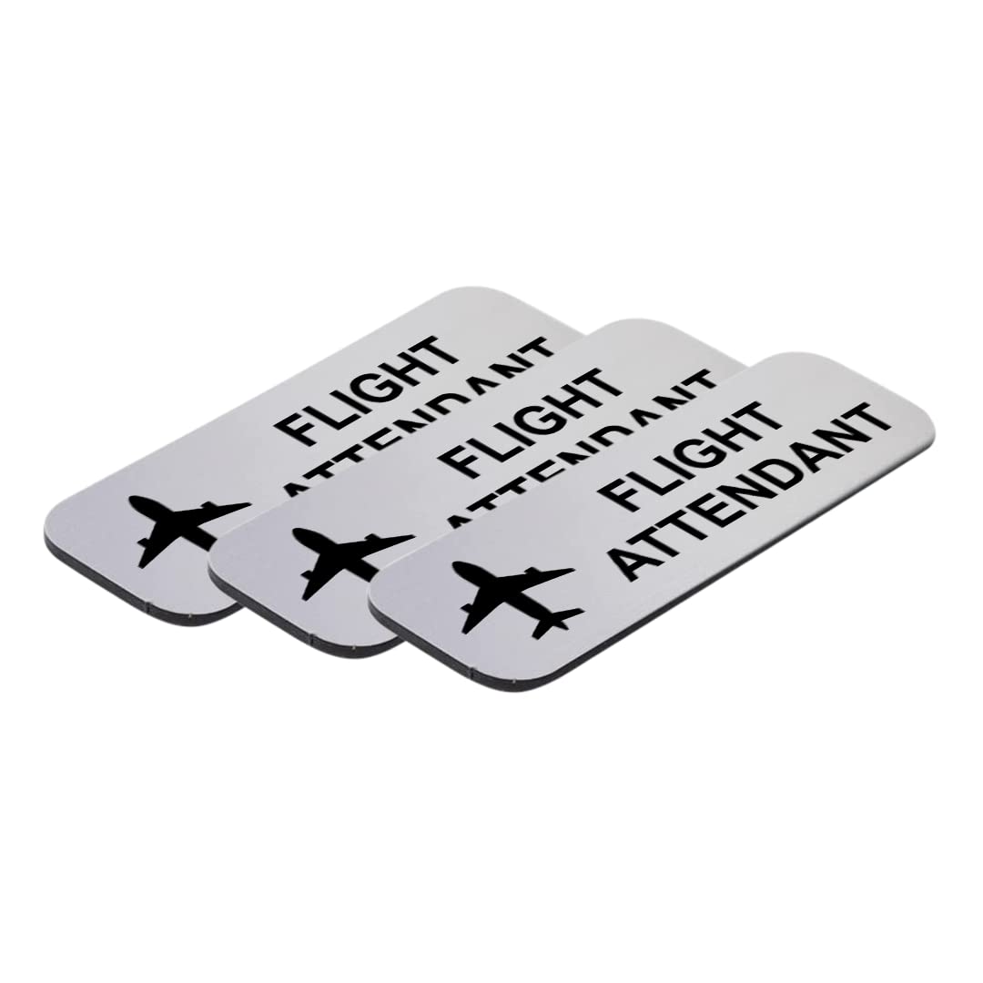 Flight Attendant 1 x 3 Name Tag/Badge, Silver, (3 Pack)