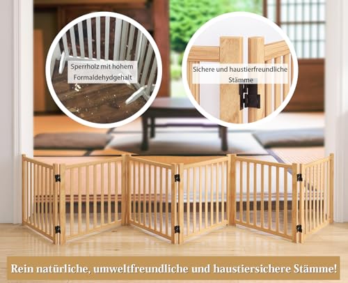 Pshelfy Lackfreies Naturholz-Hundeabsperrgitter, 6-teilig faltbar & 360° drehbar – Sicher als Welpen- und Kinderschutzgitter für Tür, Treppe, Flur (BxH: 351 x 58 cm, Natur, Unbehandelt)