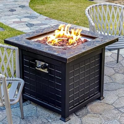 OutVue 28 inch Real Slate Propane Fire Pit Table, Gas Fire Pits for Outside Patio,50000 BTU Propane Fire Pits with Lid &Lava Rocks,Firepit for Garden,Yard