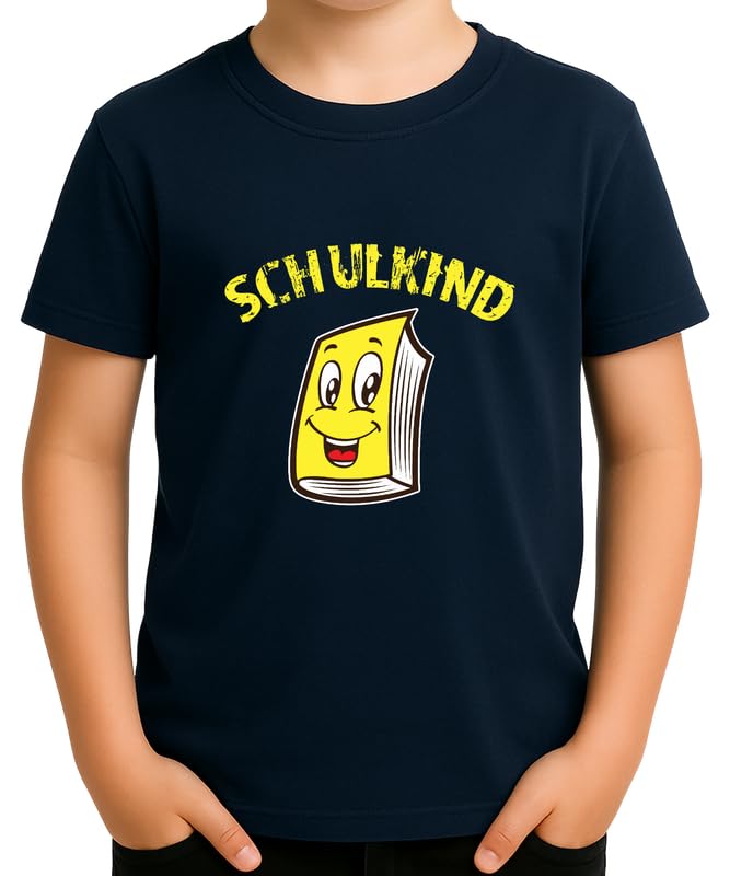 Schulkind - Libro in cartone animato con allegro libro giallo per l'inizio della scuola, design divertente per fieri di prima elementare ragazzi e ragazze, blu navy, 8 anni