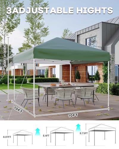 10x10 Pop Up Canopy Tent, Outdoor Tent with 3 Adjustable Height, Easy Set Up Canopy with 4 Sandbags & Carrying Bag for Camping, Parties, Outdoor Events -Green