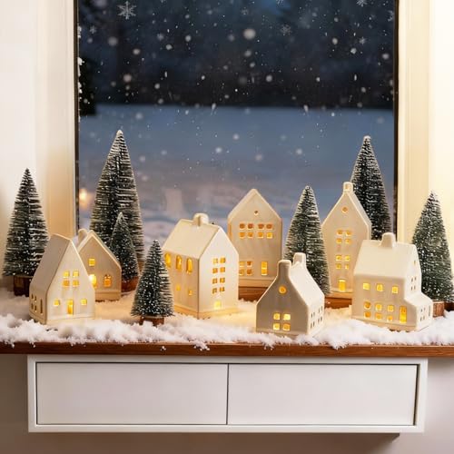 Mokof Christmas Village Set - 7 White Ceramic Houses with Remote LED Tea Lights and 8 Mini Trees, Farmhouse Christmas Decorations Indoor for Fireplace, Mantel, Tabletop, Shelves Winter Holiday Decor