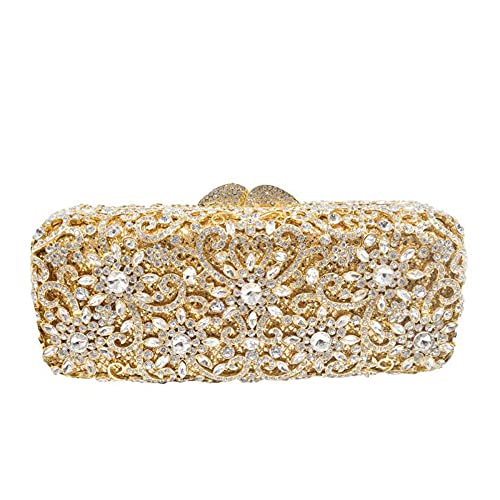 Boutique De FGG Bolsa clutch feminina de cristal com flores brilhantes para festa formal com strass, bolsa de mão de casamento, mini, Ouro e prata, Small