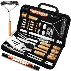 31pcs Stainless Steel BBQ Grill Accessories Set for Men Dad, Heavy Duty Grilling Tools for Outdoor Camping, BBQ Utensils Kit with Mats, Grill Brush in Carrying Bag Yellow