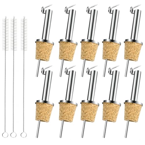 10 Piezas Vertedores de Corcho, Boquillas de Vertido de Acero Inoxidable para Licor, Vertedores de Espíritu con 3 Cepillo de Limpieza, Dispensador para Botellas de Vino, Boquillas de Aceitera/Vinagre