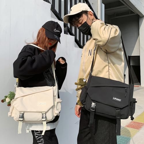 Image of Aesthetic Crossbody Bag with Cute Pins and Ornament, Nylon Shoulder Messenger Bag Japanese Kawaii Bag for Women Men