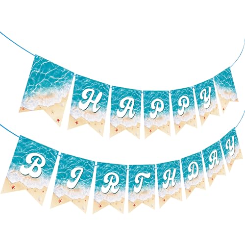 Ocean Beach Happy Birthday Banner 2-Piece Pre-Strung Summer Beach Birthday Party Decoration Blue Wave Cutout Banners for Pool Under The Sea Party Supplies - image 2